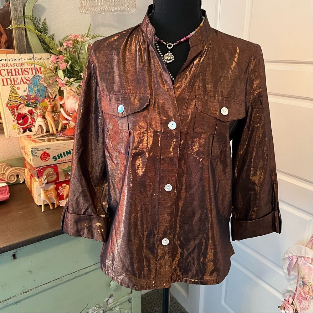 Ruby Rd. Brown Metallic Classic Button Up Roll Sleeve Blouse Sz 6